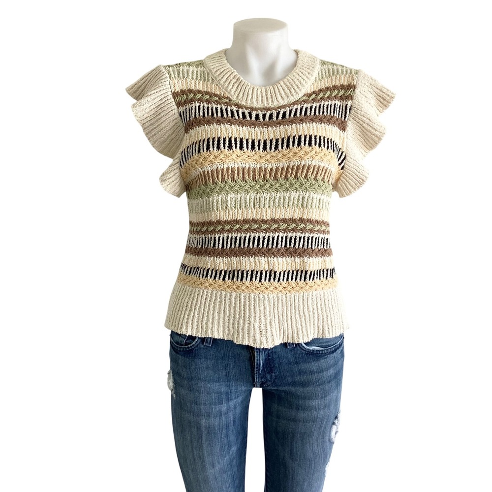 Elan Striped Flutter Sleeve Knit Sweater Top Cream Multi Boho SWS10890 Womens M
